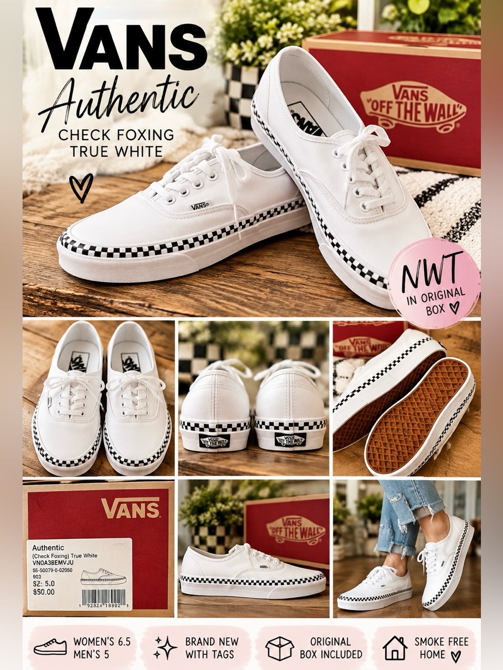 Vans Authentic Check Foxing True White Checkerboard Sneakers Women’s 6.5 NWT